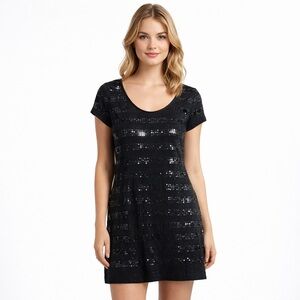 Black Sequin Short Sleeve Shift Dress